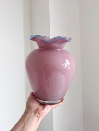 BON BON » Vaso rosa di vetro rosa con bordino celeste H25cm - Bloomoon